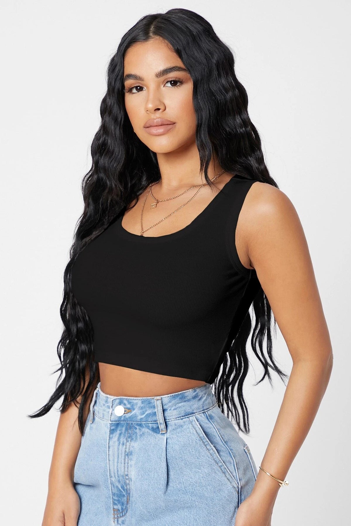 Kadın Siyah Kare Yaka Crop Top Bluz