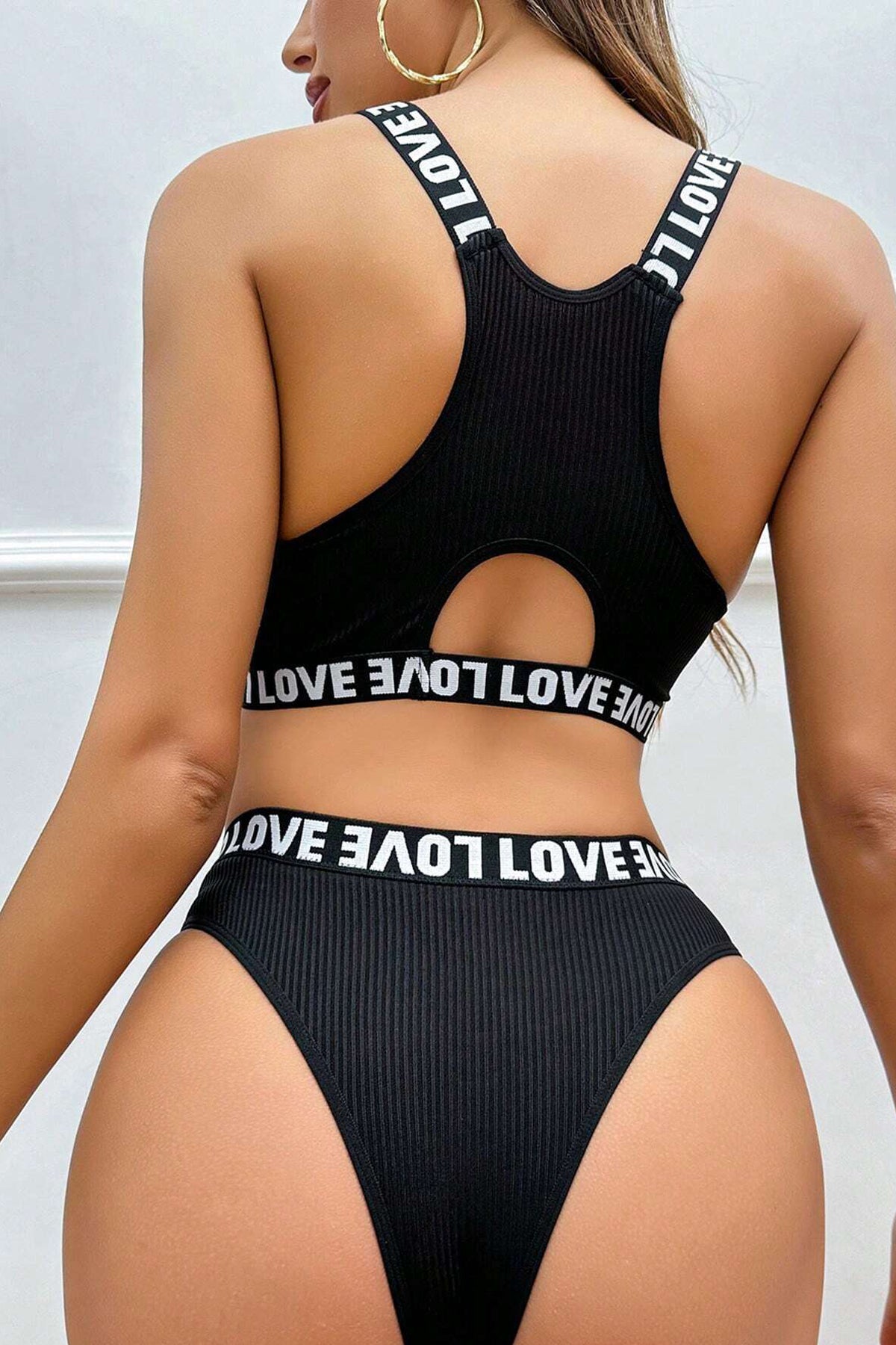 Kadın Siyah Çapraz Sırt ve Love Lastik Detaylı Sütyen Külot Takım