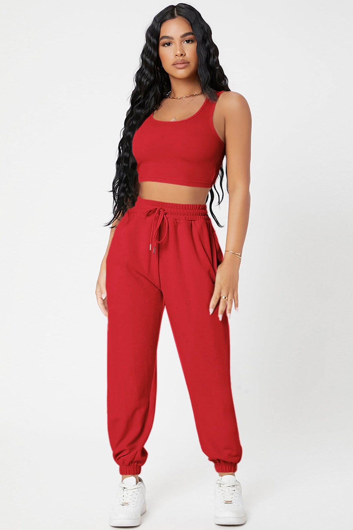 Kadın Kırmızı Kaşkorse Cepli Jogger Eşofman Altı ve Crop Top Bluz