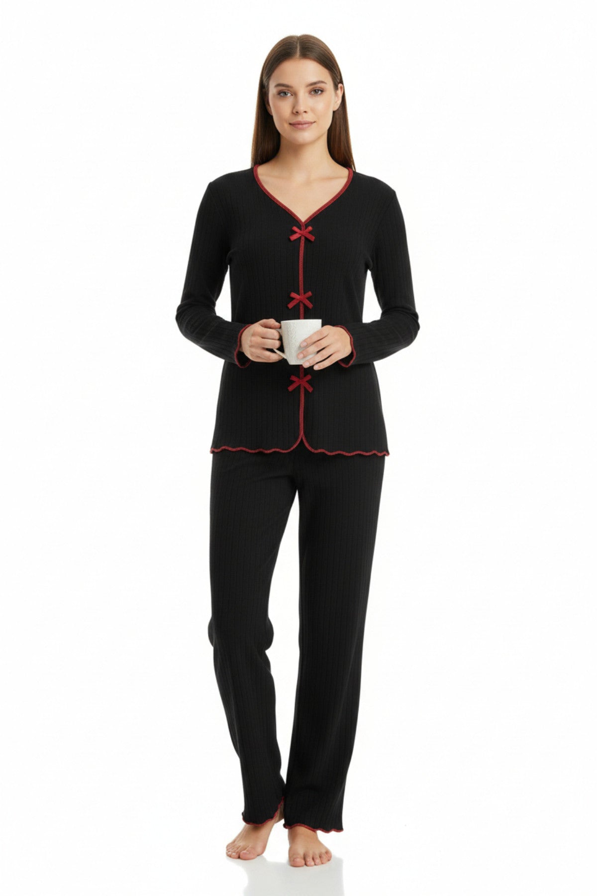 Premium Kadın 4’lü Fitilli Set – Siyah Kırmızı Biyeli (Pijama Üst, Pantolon, Bikini Takımı)
