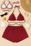 Kadın Bordo Şortlu Belden ve Boyundan Bağlamalı Bikini Takımı