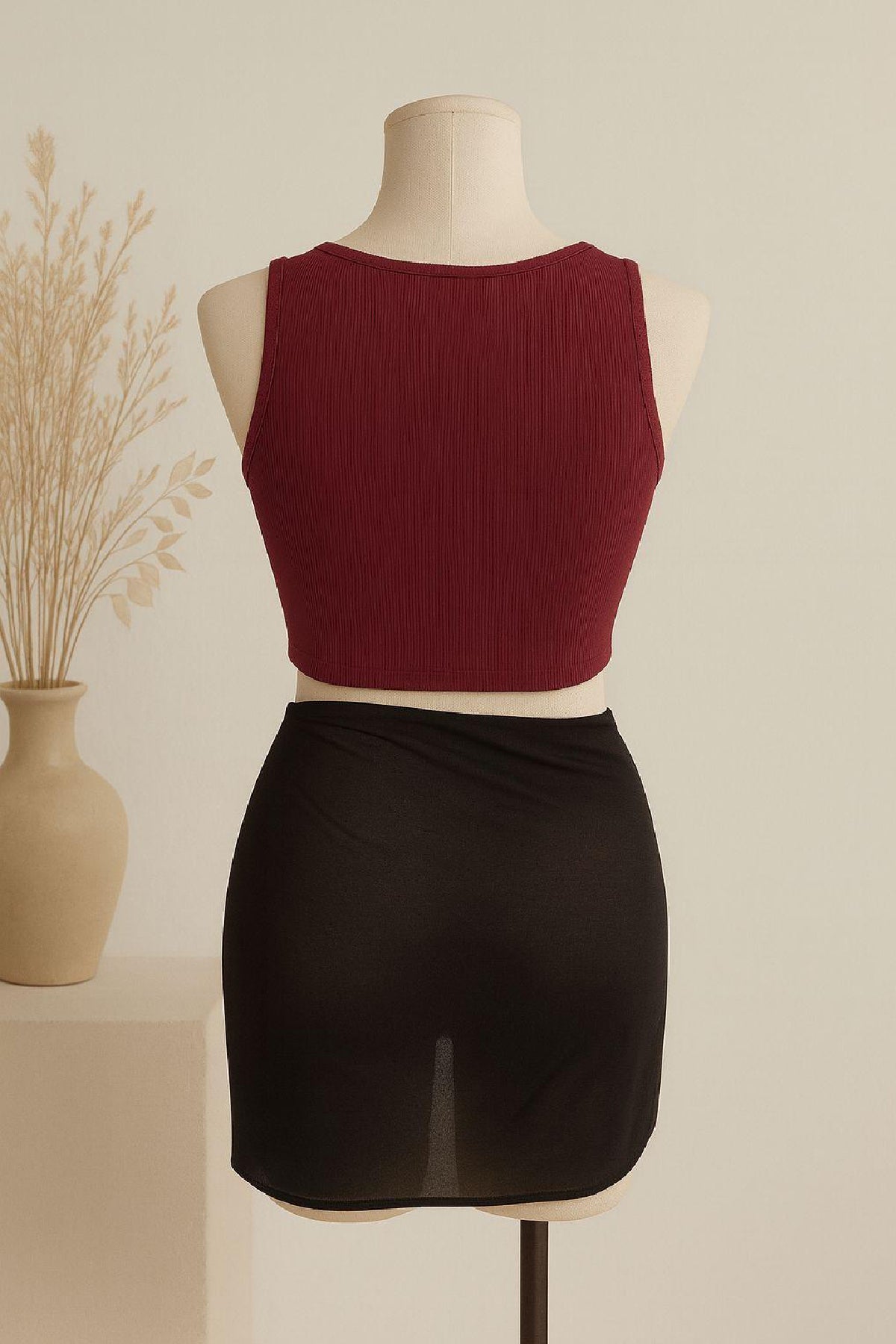 Kadın Bordo Yuvarlak Yaka Crop ve Siyah Pareo 2'li Set