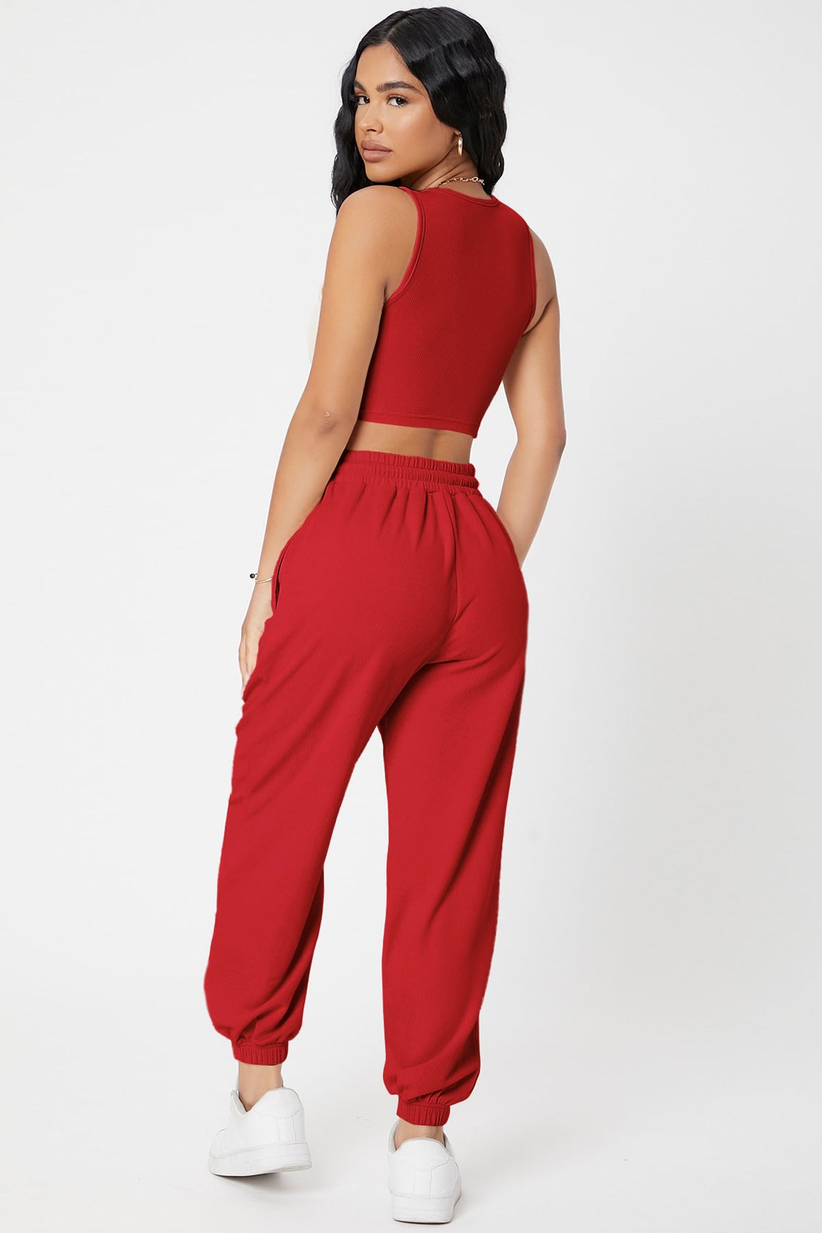 Kadın Kırmızı Kaşkorse Cepli Jogger Eşofman Altı ve Crop Top Bluz