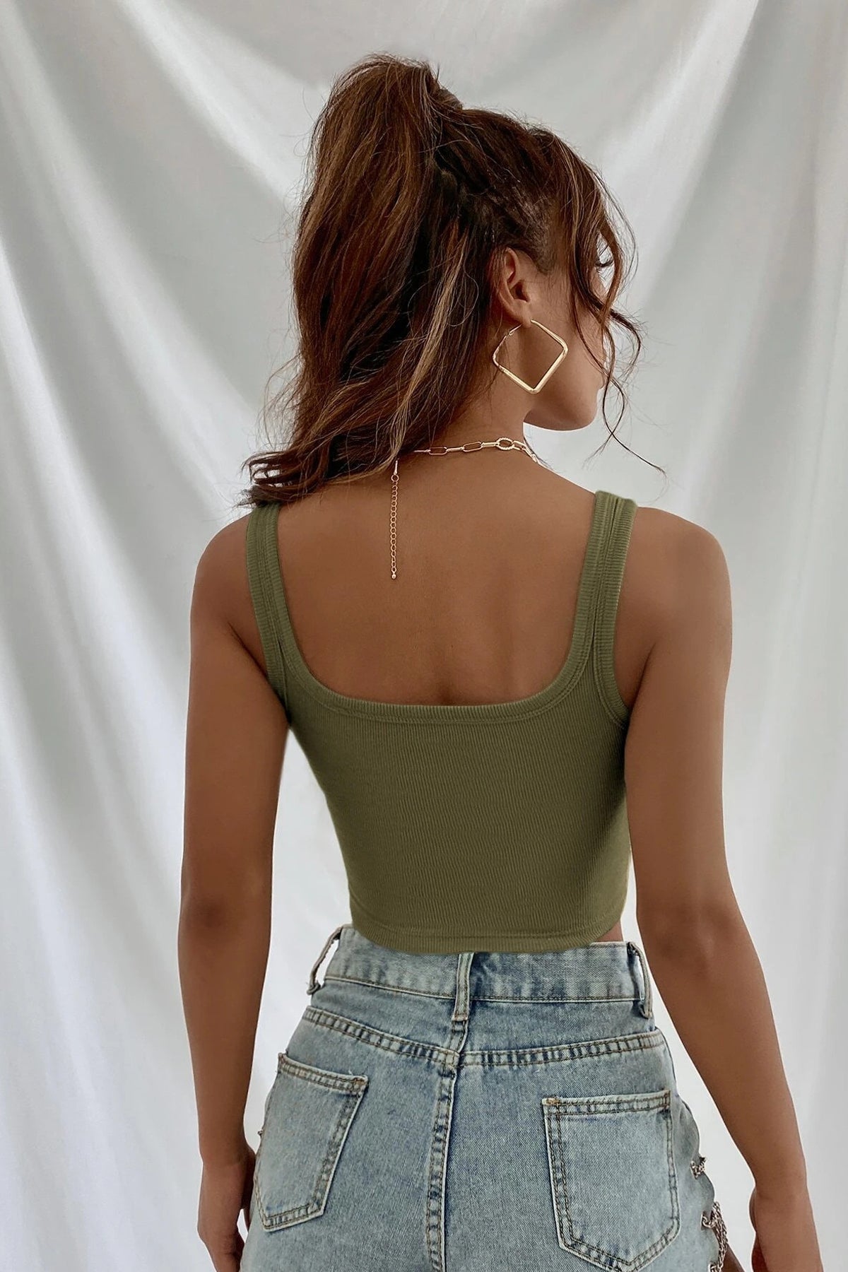 Kadın Haki Yeşili Kalın Askılı Crop Top Büstiyer