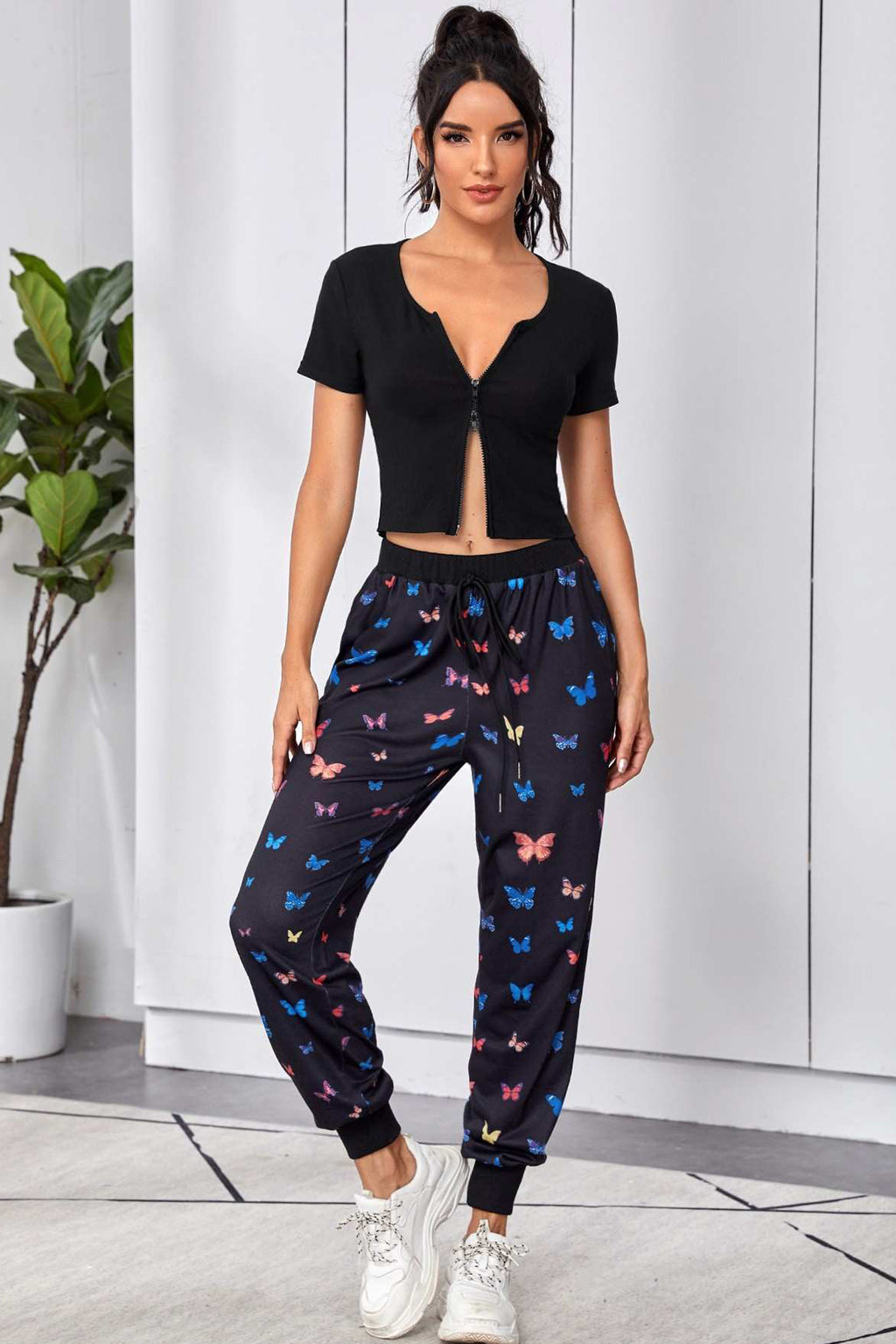 Kadın Siyah Çift Fermuarlı Yarım Kol Crop Top Bluz