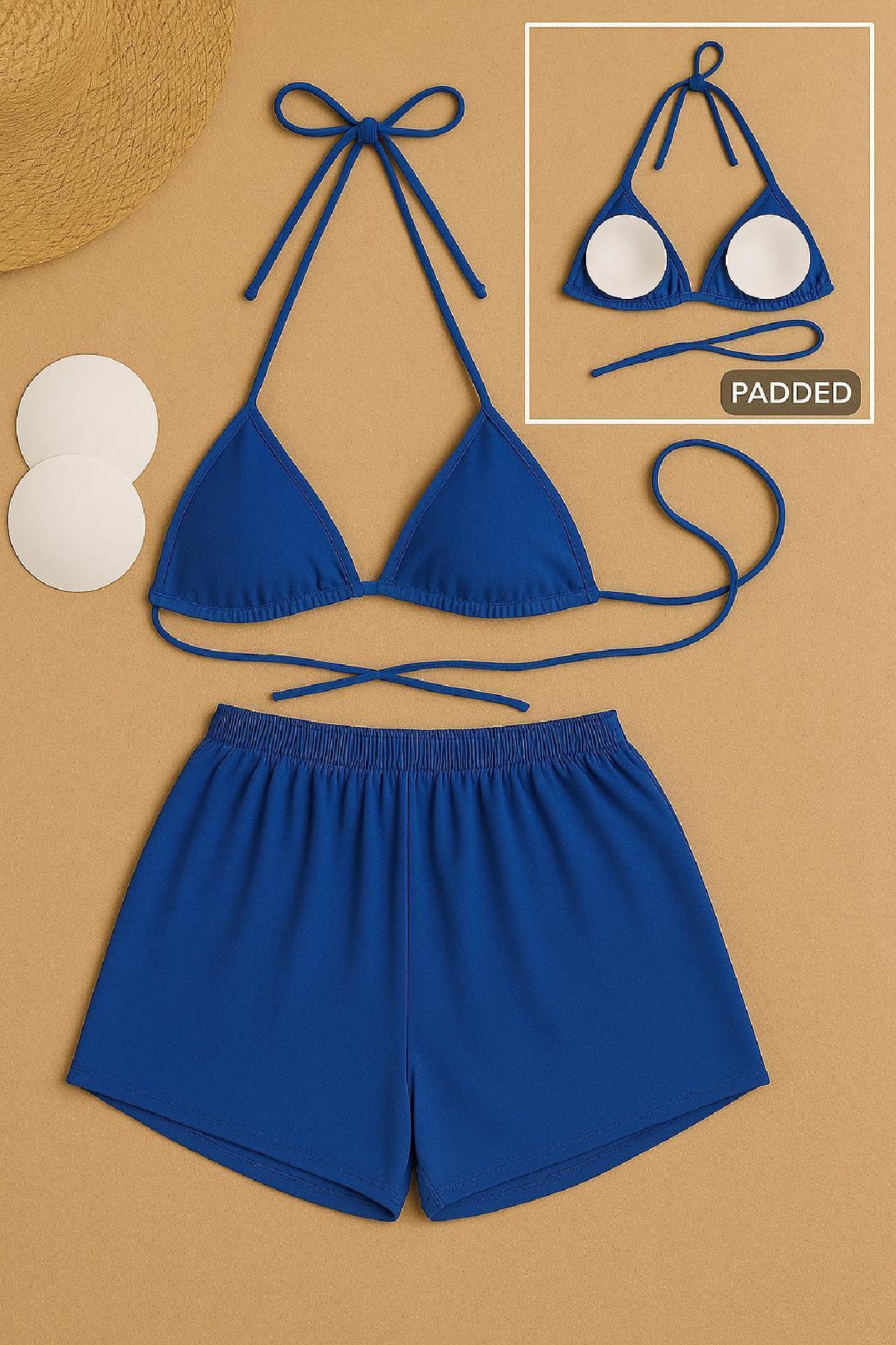 Kadın Mavi Şortlu Belden ve Boyundan Bağlamalı Bikini Takımı