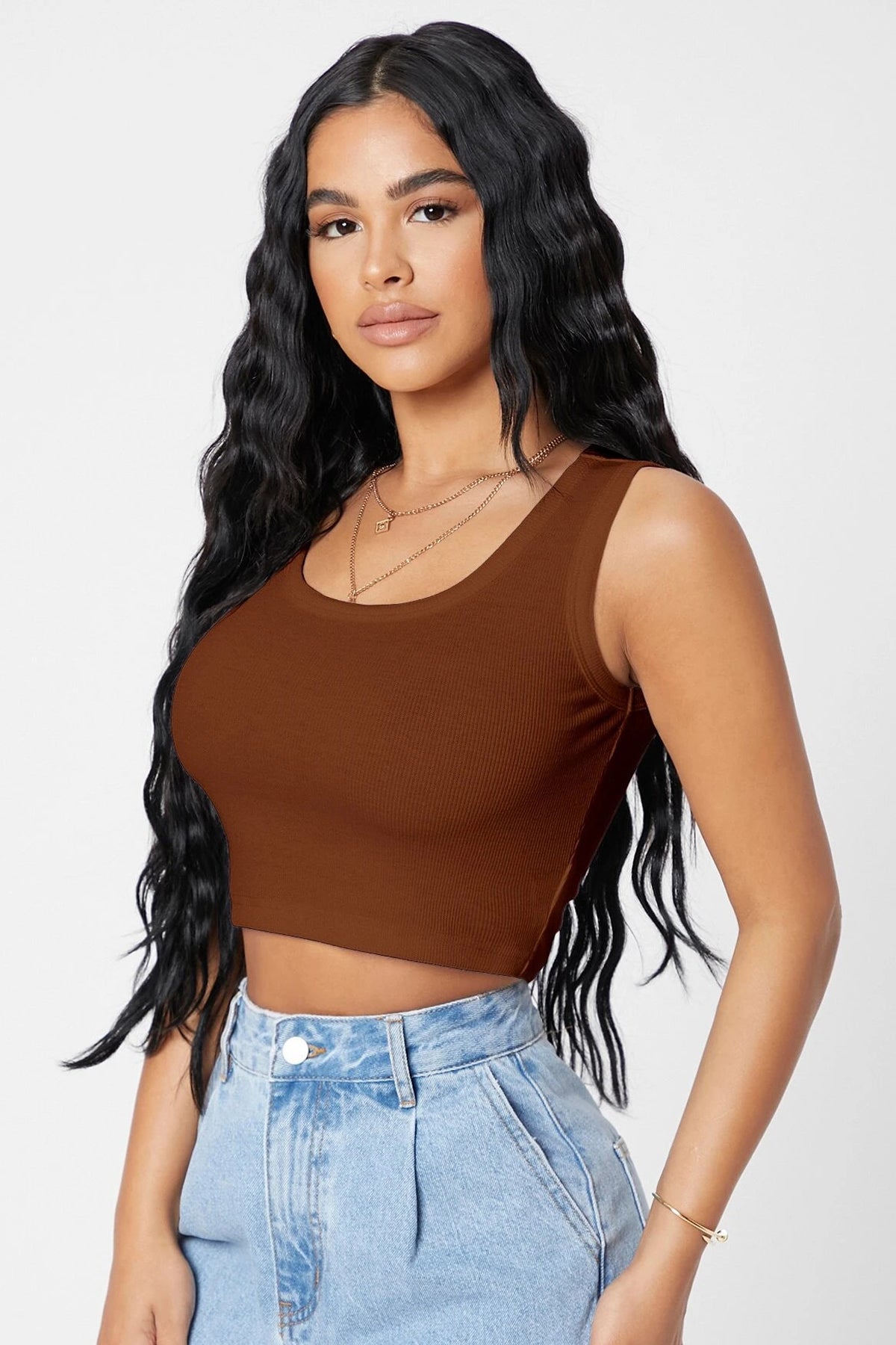 Kadın Kahverengi Kare Yaka Crop Top Bluz