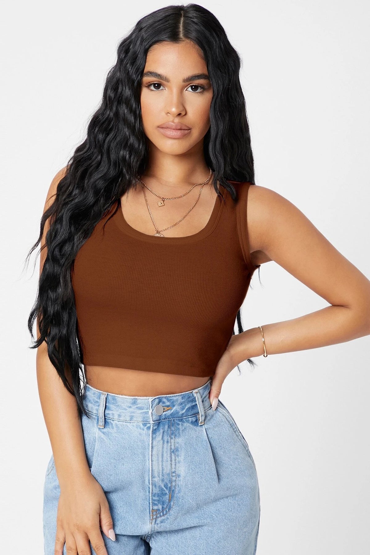 Kadın Kahverengi Kare Yaka Crop Top Bluz