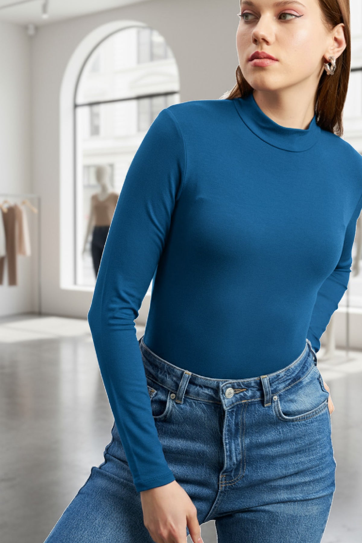Kadın Mavi Parmak Detaylı Esnek Uzun Kollu Body