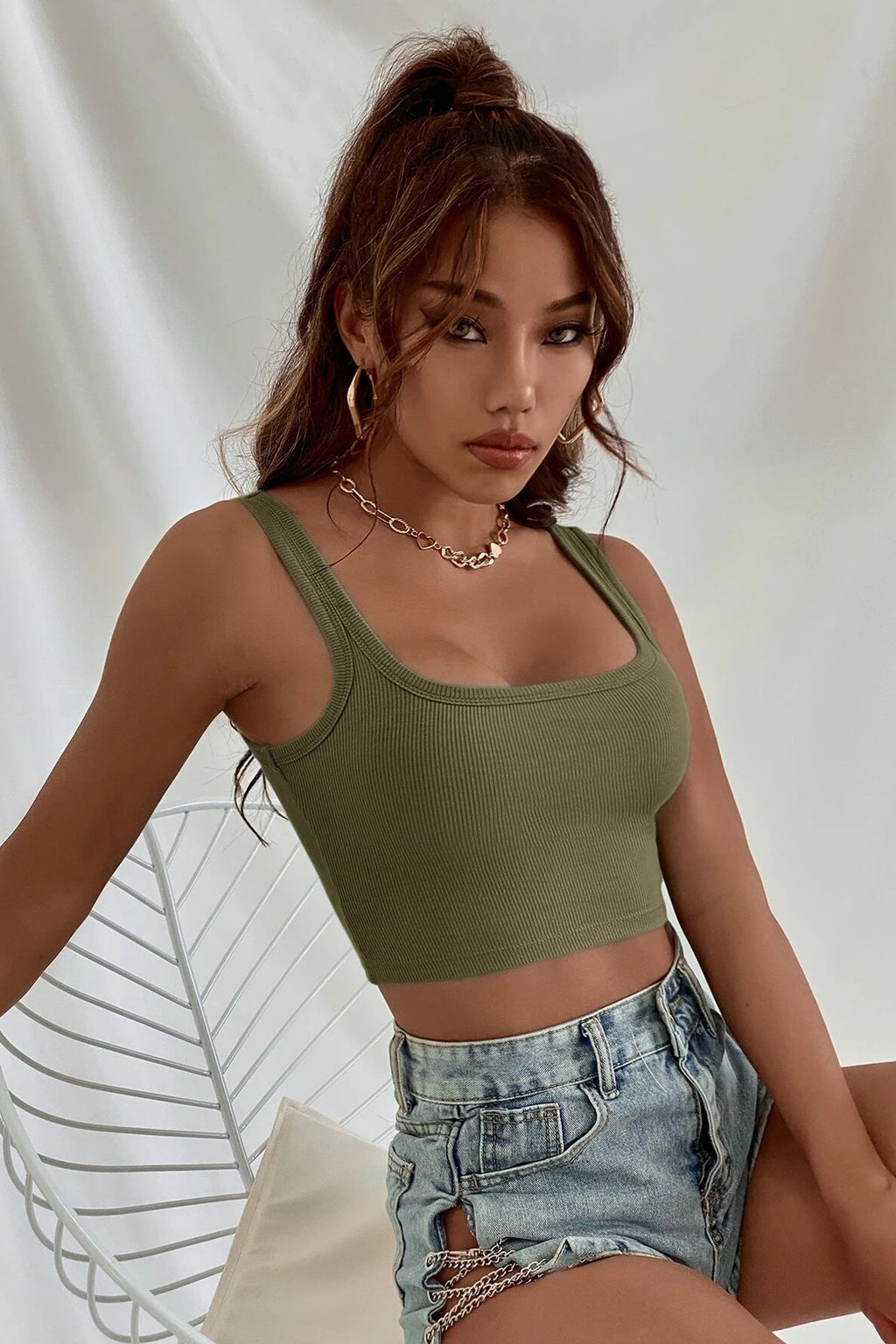 Kadın Haki Yeşili Kalın Askılı Crop Top Büstiyer