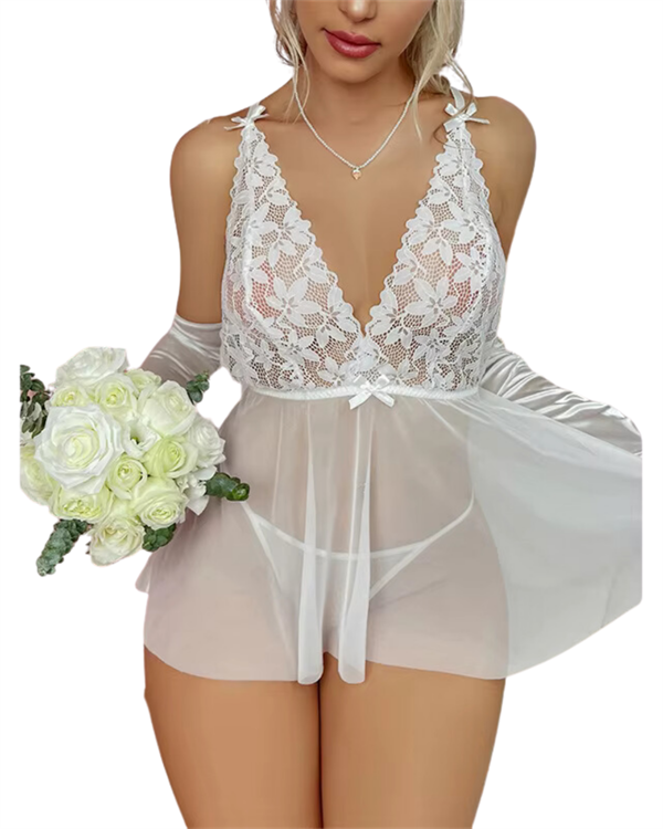 Fantezi Beyaz Dantelli Transparan Tül Etekli Seksi Elbise Gecelik TG273266