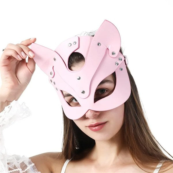 Fantezi Deri Seksi Pembe Kedi Maske Kelepçe Kırbaç Seti ( 3'Lü Set) TG275368