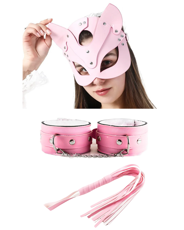 Fantezi Deri Seksi Pembe Kedi Maske Kelepçe Kırbaç Seti ( 3'Lü Set) TG275368