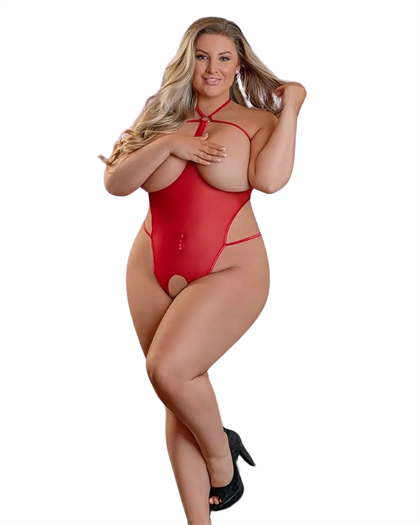 Fantezi Kırmızı Özel Bölgeleri Açık Seksi Tül Bodysuit TG273261