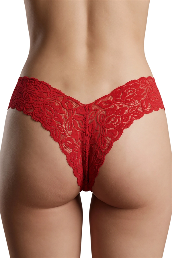 Kırmızı Çiçek Desenli Dantel String Külot TM1526