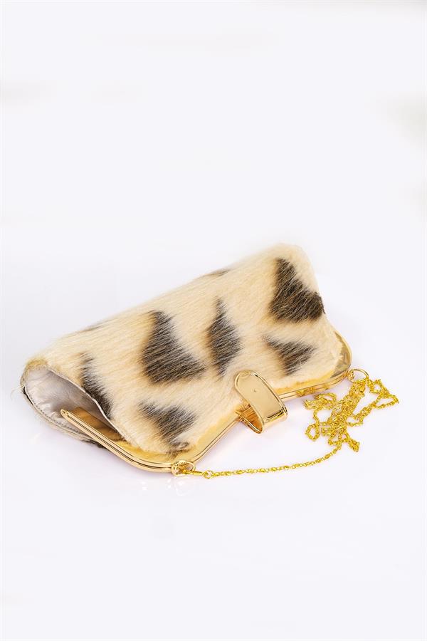 Bej Desenli Suni Kürk Zincirli El Ve Omuz Clutch Portföy Çanta