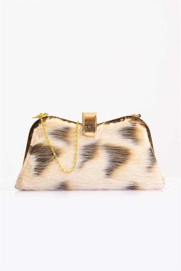 Bej Desenli Suni Kürk Zincirli El Ve Omuz Clutch Portföy Çanta