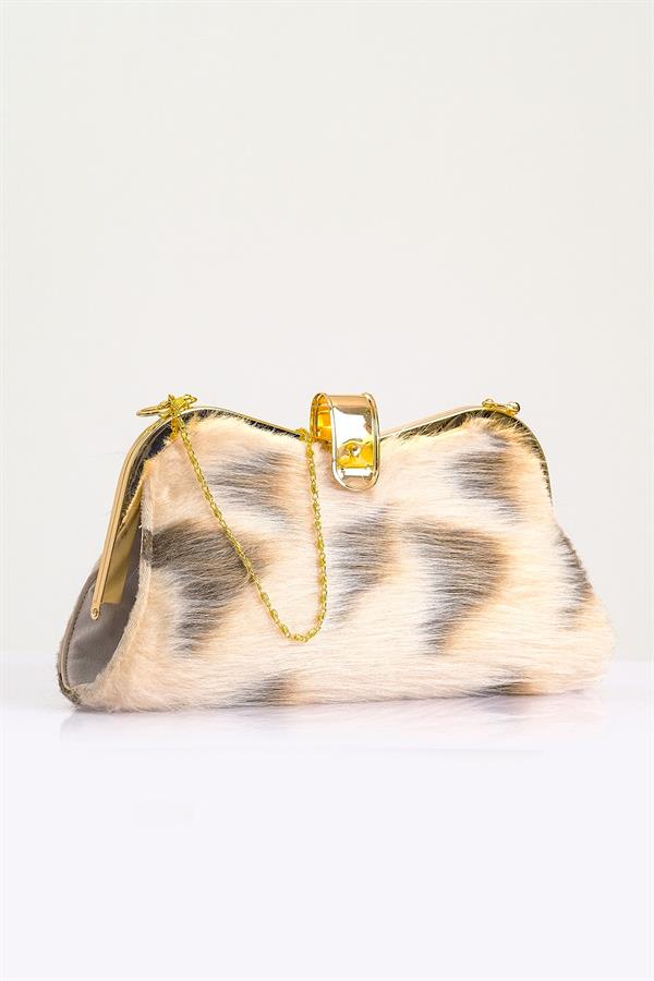 Bej Desenli Suni Kürk Zincirli El Ve Omuz Clutch Portföy Çanta