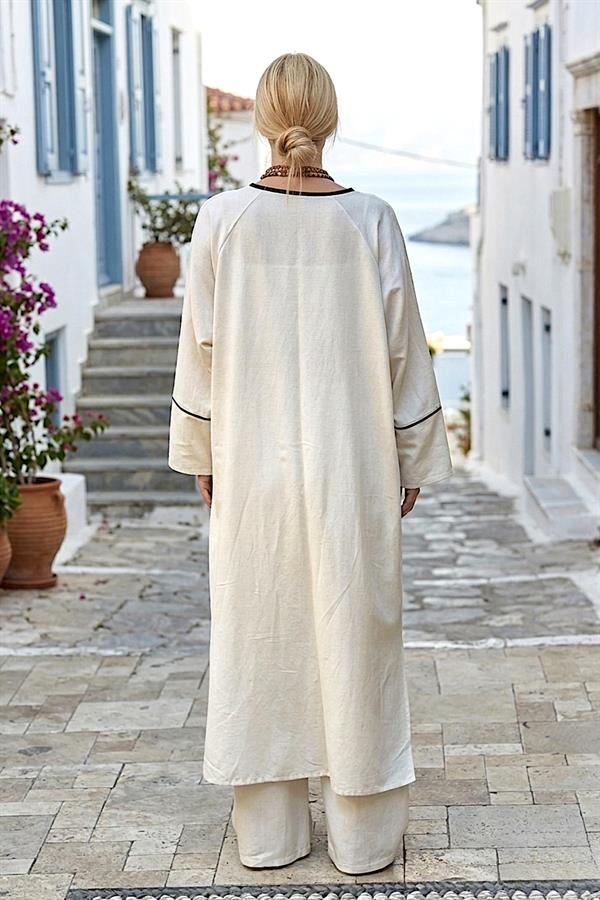 Bej Siyah Bordürlü Keten Kimono Pantolon Takım