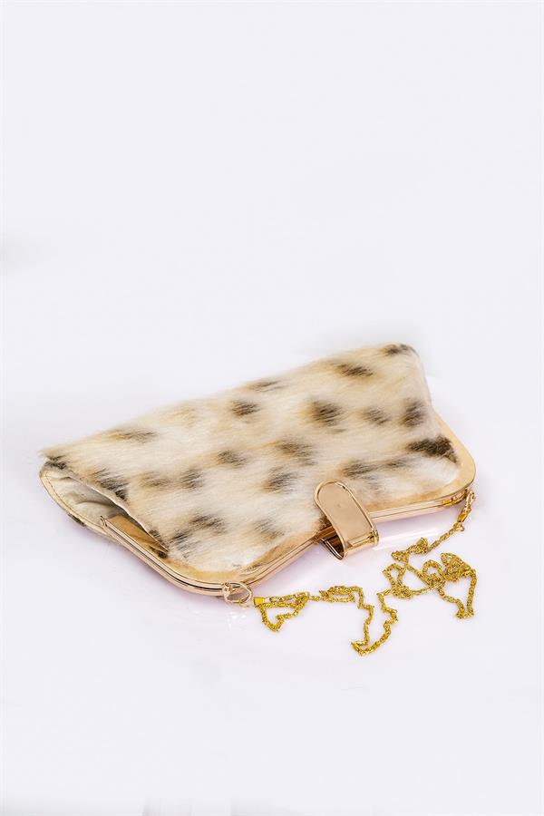 Bej Suni Kürk Zincirli El Ve Omuz Clutch Portföy Çanta