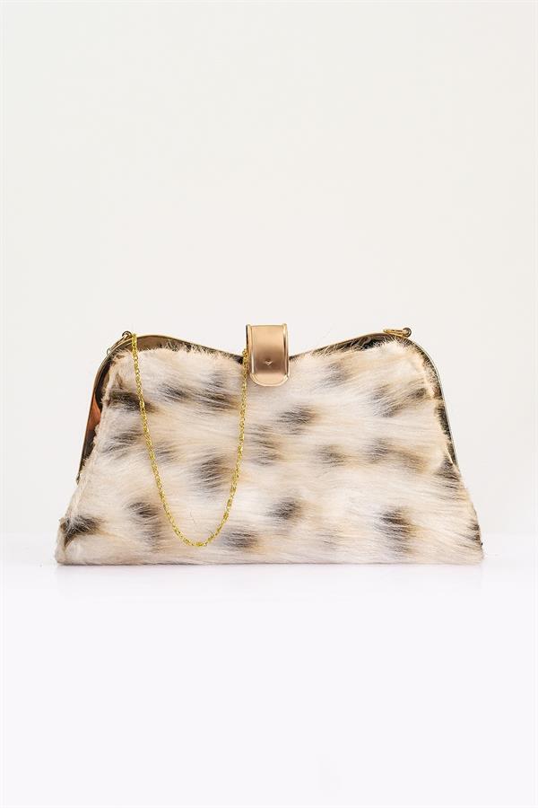 Bej Suni Kürk Zincirli El Ve Omuz Clutch Portföy Çanta