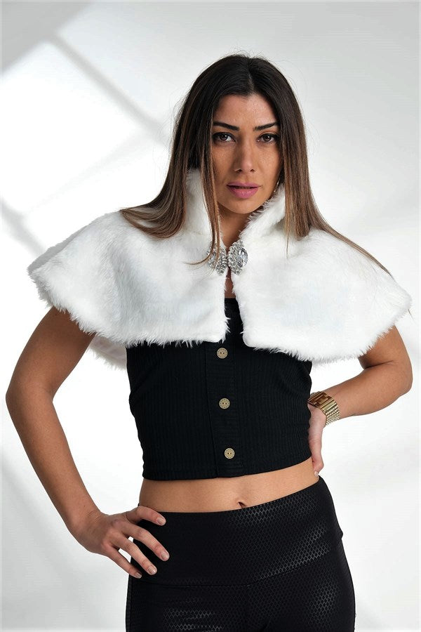 Beyaz Broşlu Kürk Etol Bolero
