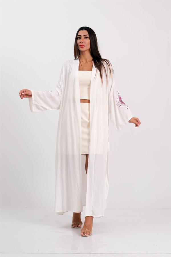 Beyaz Sırtı Ve Kolları Nakışlı Püsküllü Uzun Kimono