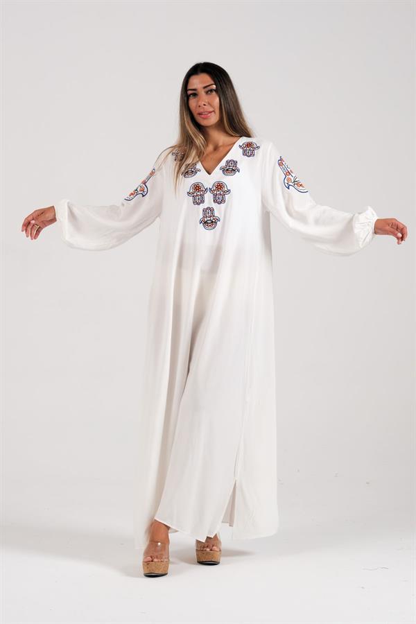 Beyaz V Yaka Kolları Ve Yakası Fatima Eli Nakışlı Uzun Elbise