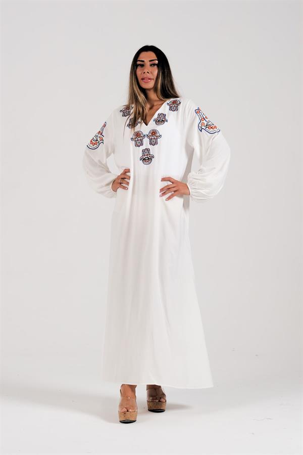 Beyaz V Yaka Kolları Ve Yakası Fatima Eli Nakışlı Uzun Elbise