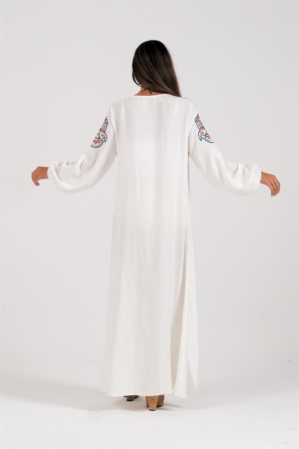 Beyaz V Yaka Kolları Ve Yakası Fatima Eli Nakışlı Uzun Elbise