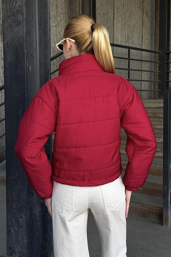 Bordo Dik Yaka Çıtçıtlı Fermuarlı Kısa Şişme Mont