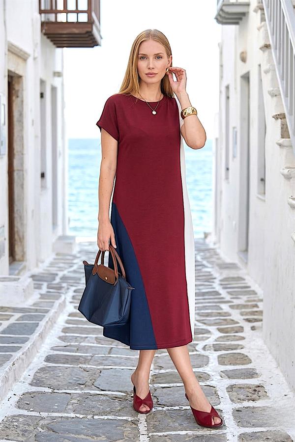 Bordo Ekru Lacivert Modal Midi Elbise