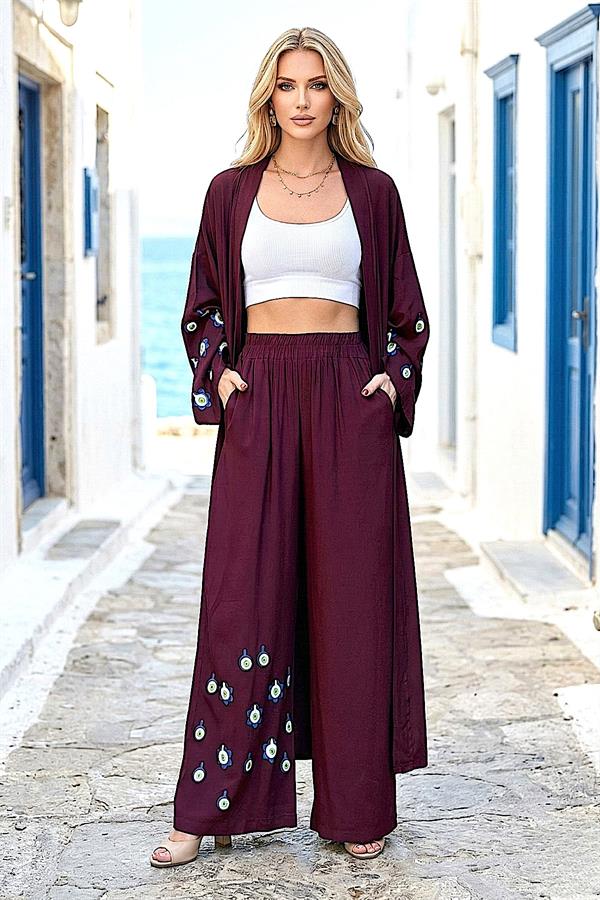 Bordo Mavi Boncuk Kimono Pantolon Takım