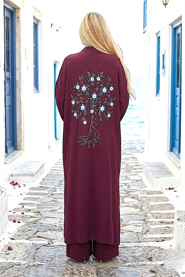 Bordo Mavi Boncuk Kimono Pantolon Takım