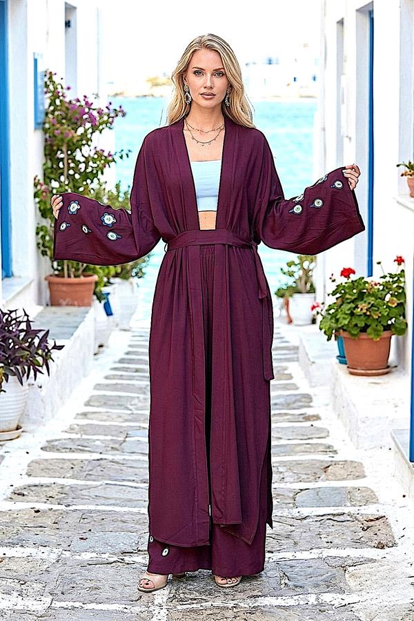 Bordo Mavi Boncuk Kimono Pantolon Takım