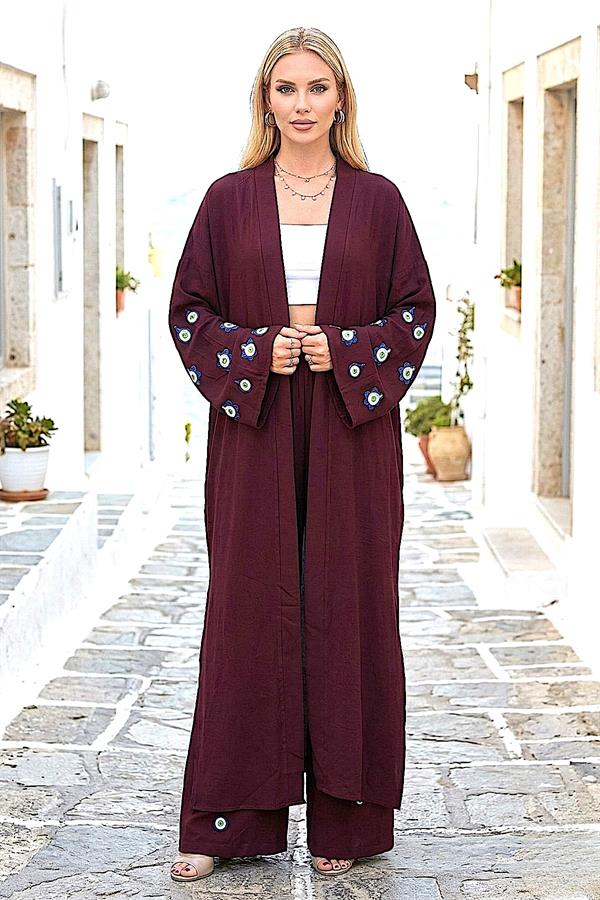 Bordo Mavi Boncuk Kimono Pantolon Takım