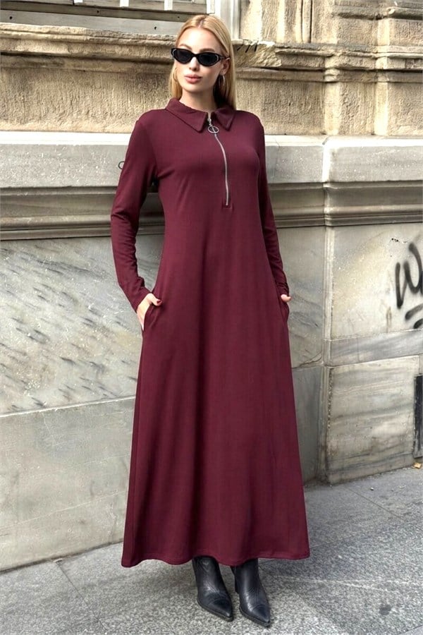 Bordo Yaka Farmuarlı Modal Uzun Elbise