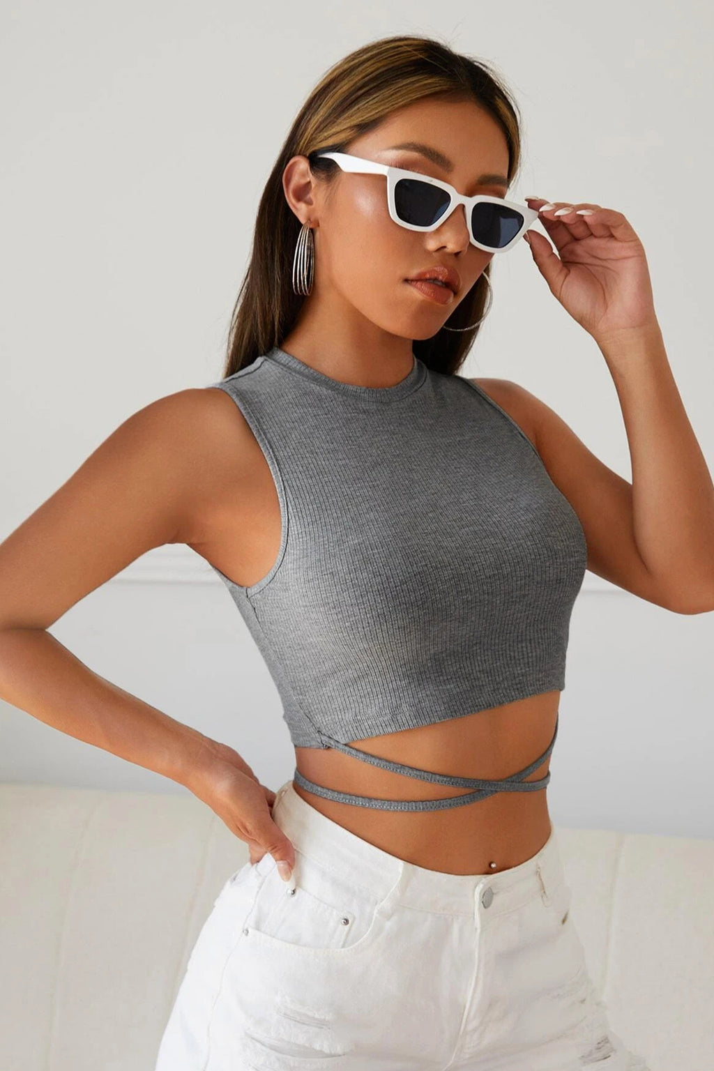 Kadın Gri Çapraz Bağlamalı Crop Top Büstiyer