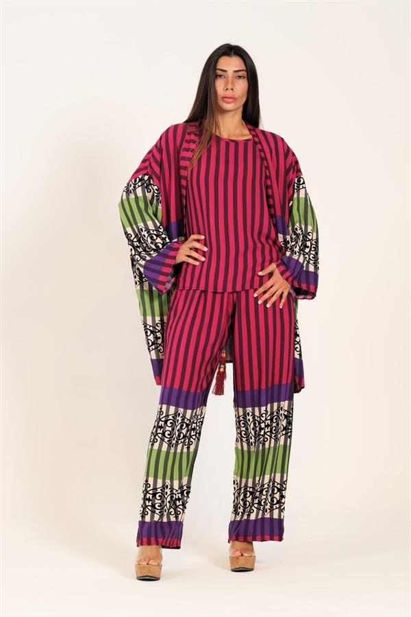 Fuşya Çizgili Tunik Bluz Pantolon Üçlü Takım