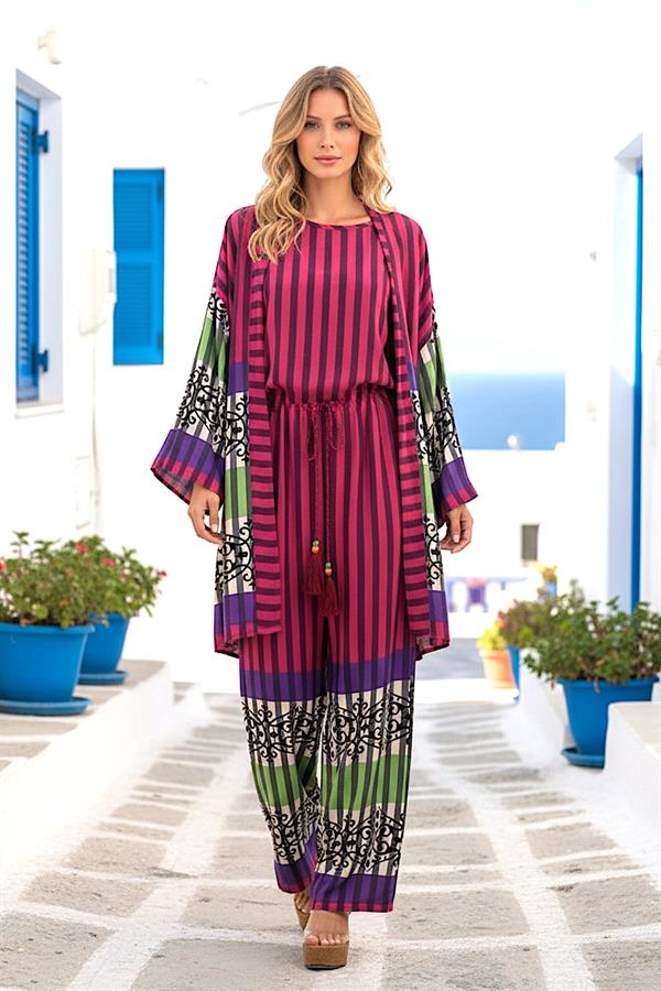 Fuşya Çizgili Tunik Bluz Pantolon Üçlü Takım