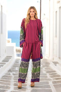 Fuşya Çizgili Tunik Bluz Pantolon Üçlü Takım