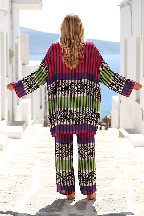 Fuşya Çizgili Tunik Bluz Pantolon Üçlü Takım