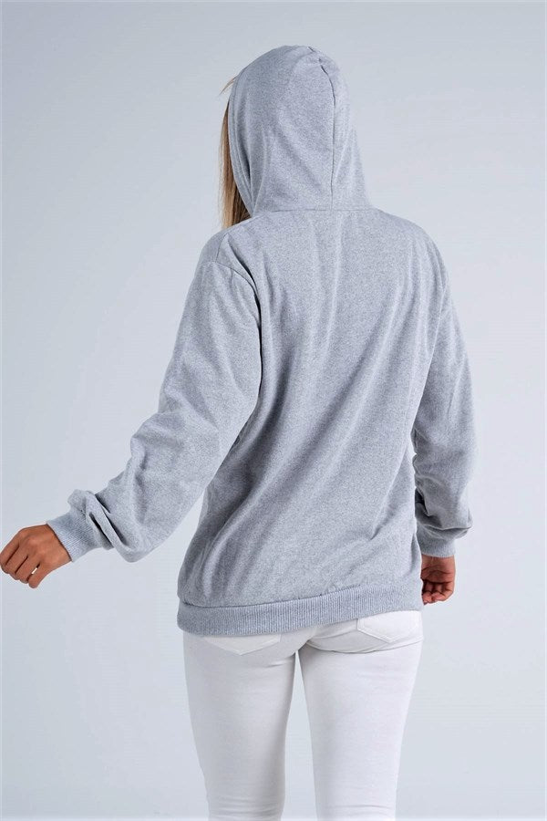 Gri Kapüşonlu Kanguru Cepli Şardonlu Sweatshirt