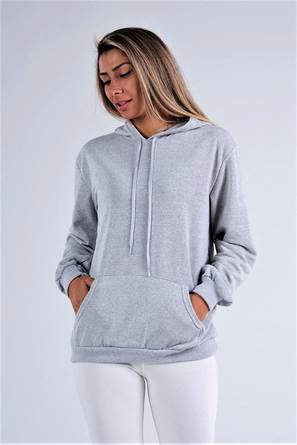 Gri Kapüşonlu Kanguru Cepli Şardonlu Sweatshirt