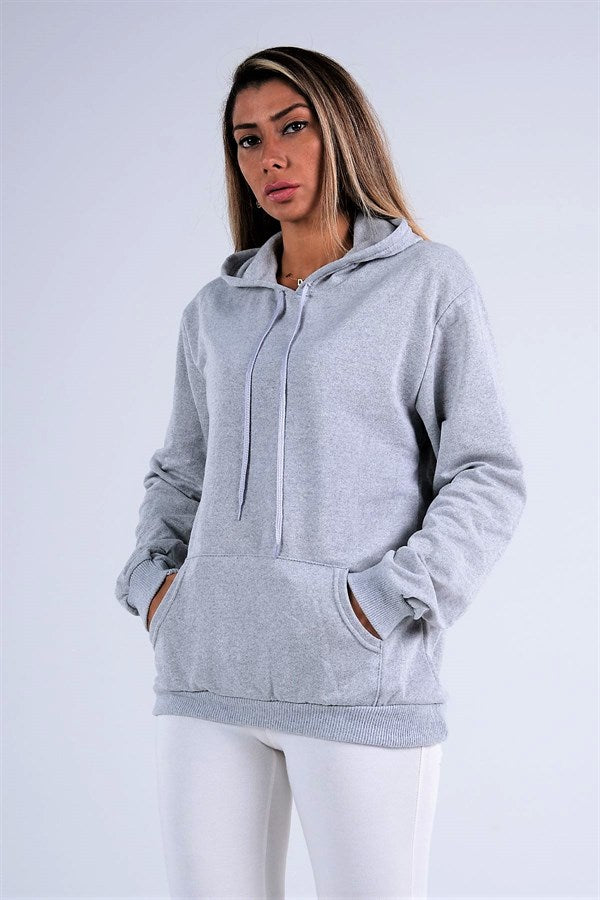 Gri Kapüşonlu Kanguru Cepli Şardonlu Sweatshirt