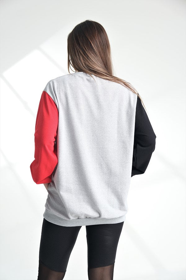 Gri Kolları Garnili Kanguru Cepli Sweatshirt