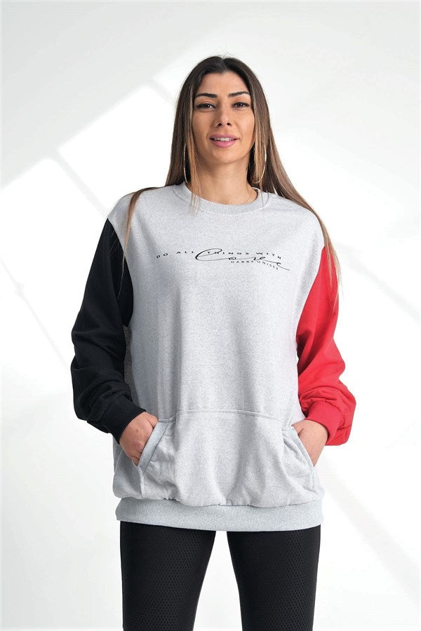 Gri Kolları Garnili Kanguru Cepli Sweatshirt