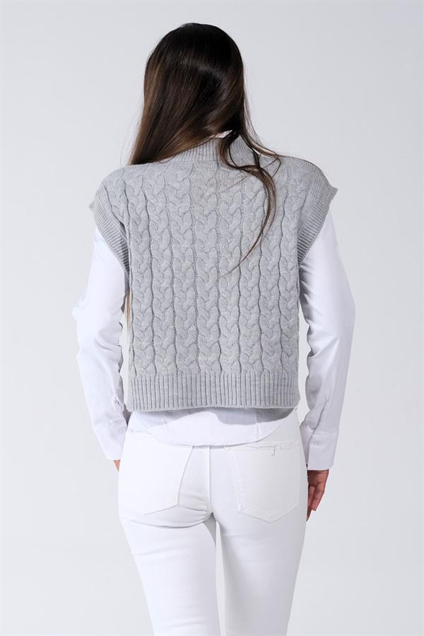 Gri V Yaka Crop Saç Örgü Triko Süveter