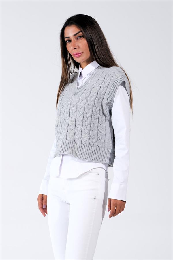 Gri V Yaka Crop Saç Örgü Triko Süveter