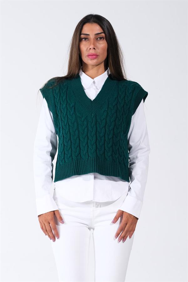 Haki V Yaka Crop Saç Örgü Triko Süveter